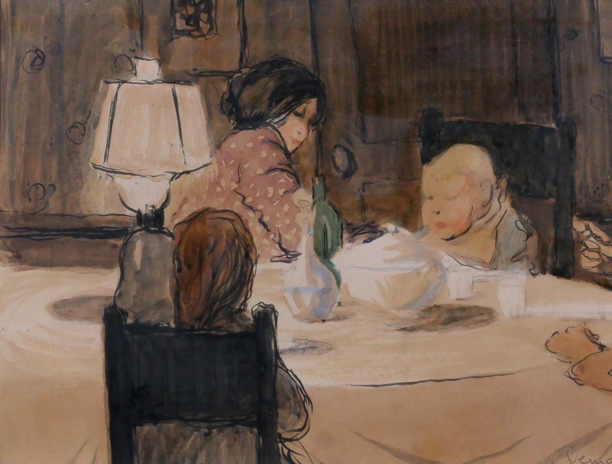 Louis Demailly 1879-1942 Le Diner En Famille, Drawing Circa 1900 Impressionist Painting By Renoir-photo-3