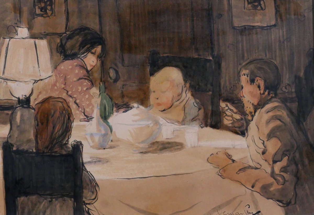 Louis Demailly 1879-1942 Le Diner En Famille, Drawing Circa 1900 Impressionist Painting By Renoir-photo-4