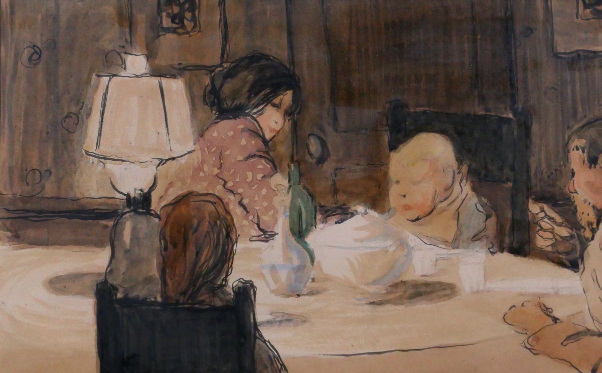 Louis Demailly 1879-1942 Le Diner En Famille, Drawing Circa 1900 Impressionist Painting By Renoir-photo-1