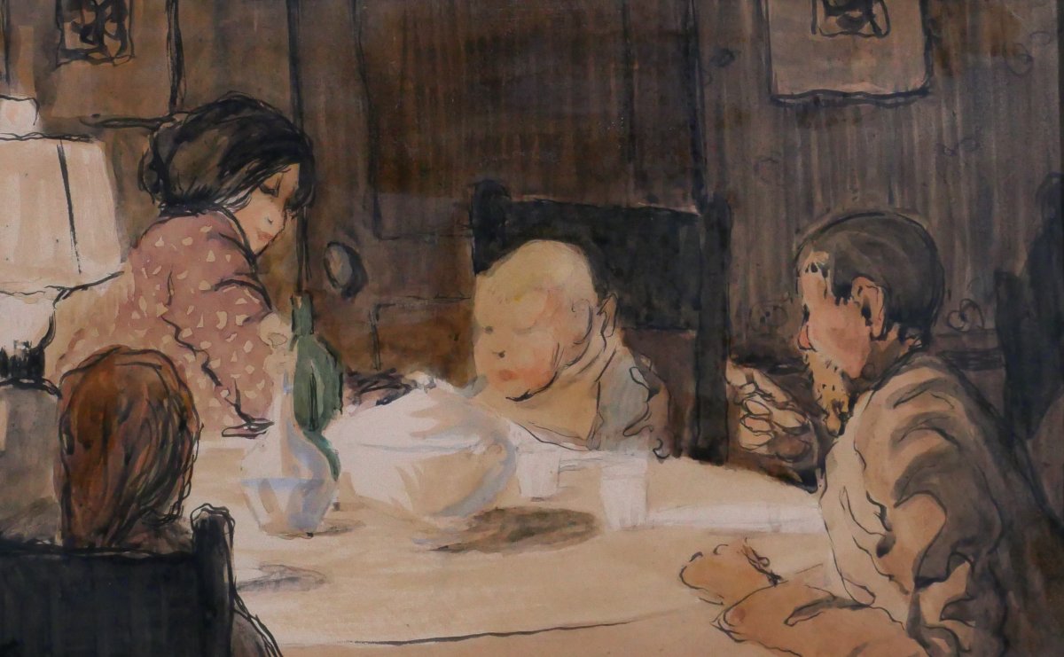 Louis Demailly 1879-1942 Le Diner En Famille, Drawing Circa 1900 Impressionist Painting By Renoir-photo-2