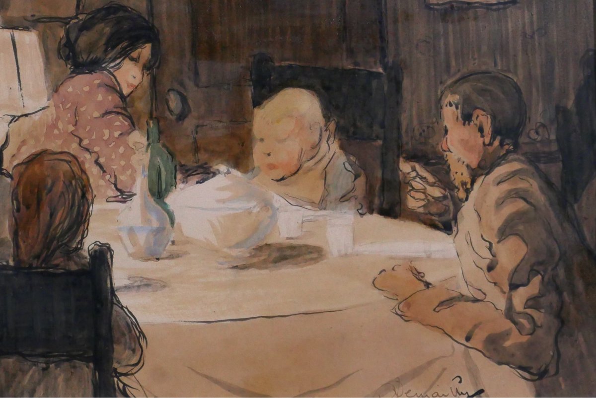 Louis Demailly 1879-1942 Le Diner En Famille, Drawing Circa 1900 Impressionist Painting By Renoir-photo-3