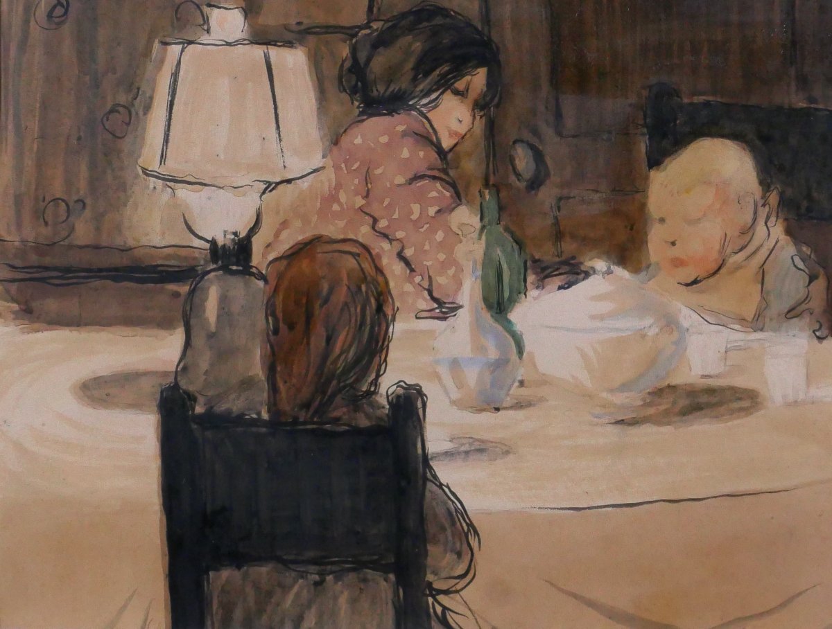 Louis Demailly 1879-1942 Le Diner En Famille, Drawing Circa 1900 Impressionist Painting By Renoir-photo-4
