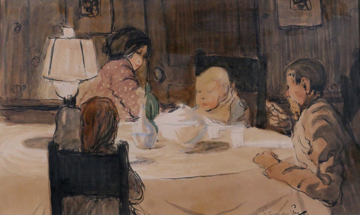 Louis Demailly 1879-1942 Le Diner En Famille, Drawing Circa 1900 Impressionist Painting By Renoir