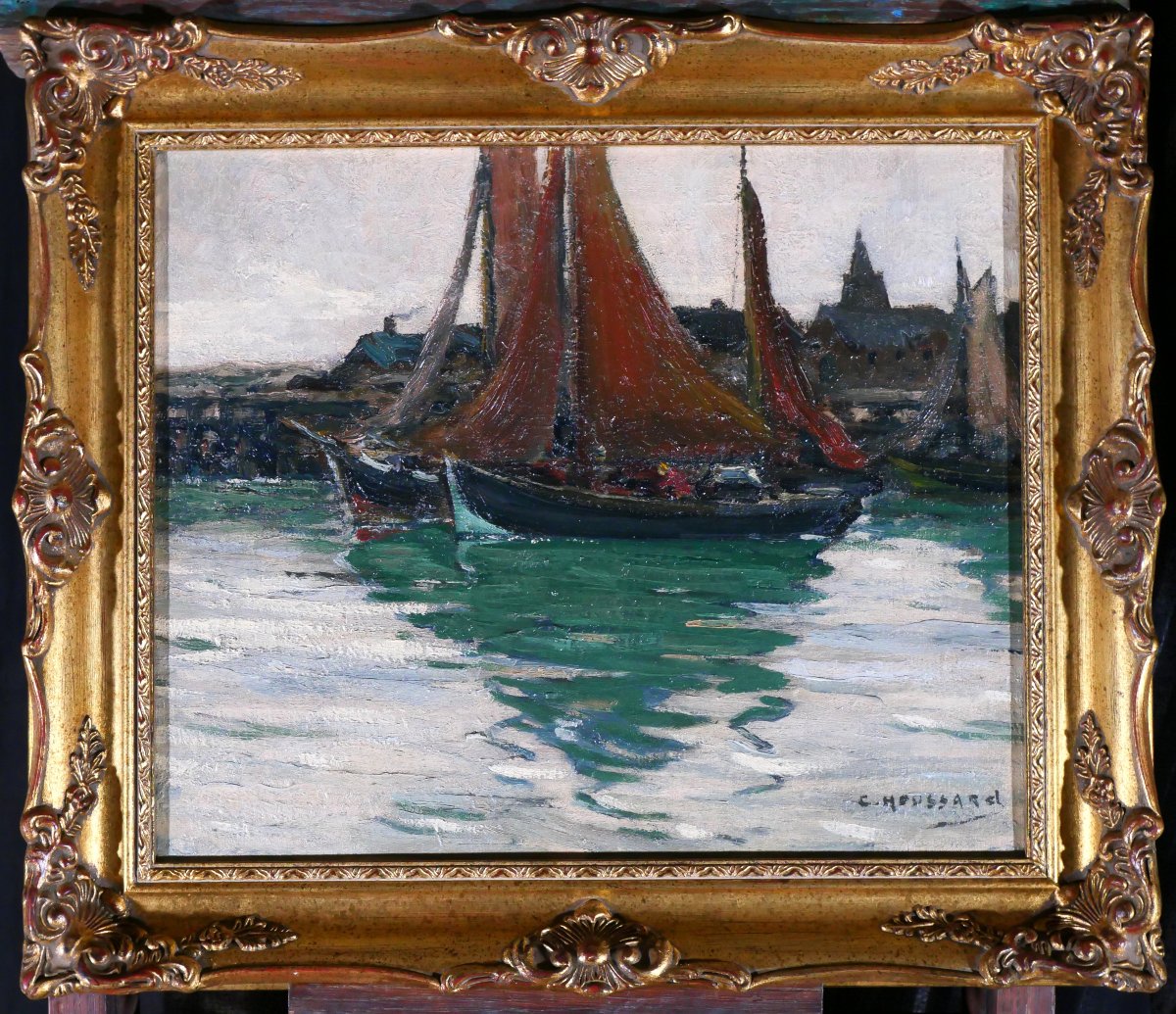 Charles Houssard 1884-1958 Brittany, Boats In Port, Painting Sea Landscape Belgium-photo-2