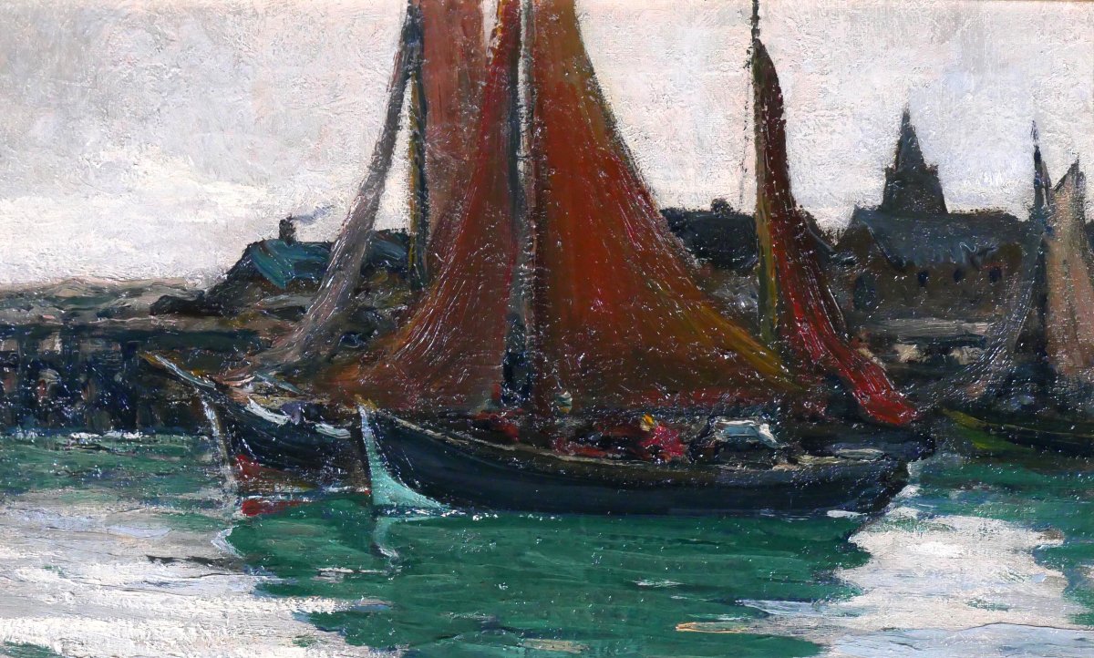 Charles Houssard 1884-1958 Brittany, Boats In Port, Painting Sea Landscape Belgium-photo-3