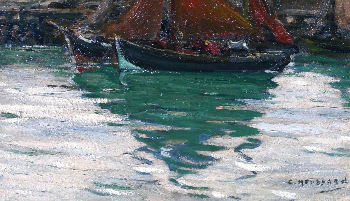 Charles Houssard 1884-1958 Brittany, Boats In Port, Painting Sea Landscape Belgium-photo-4