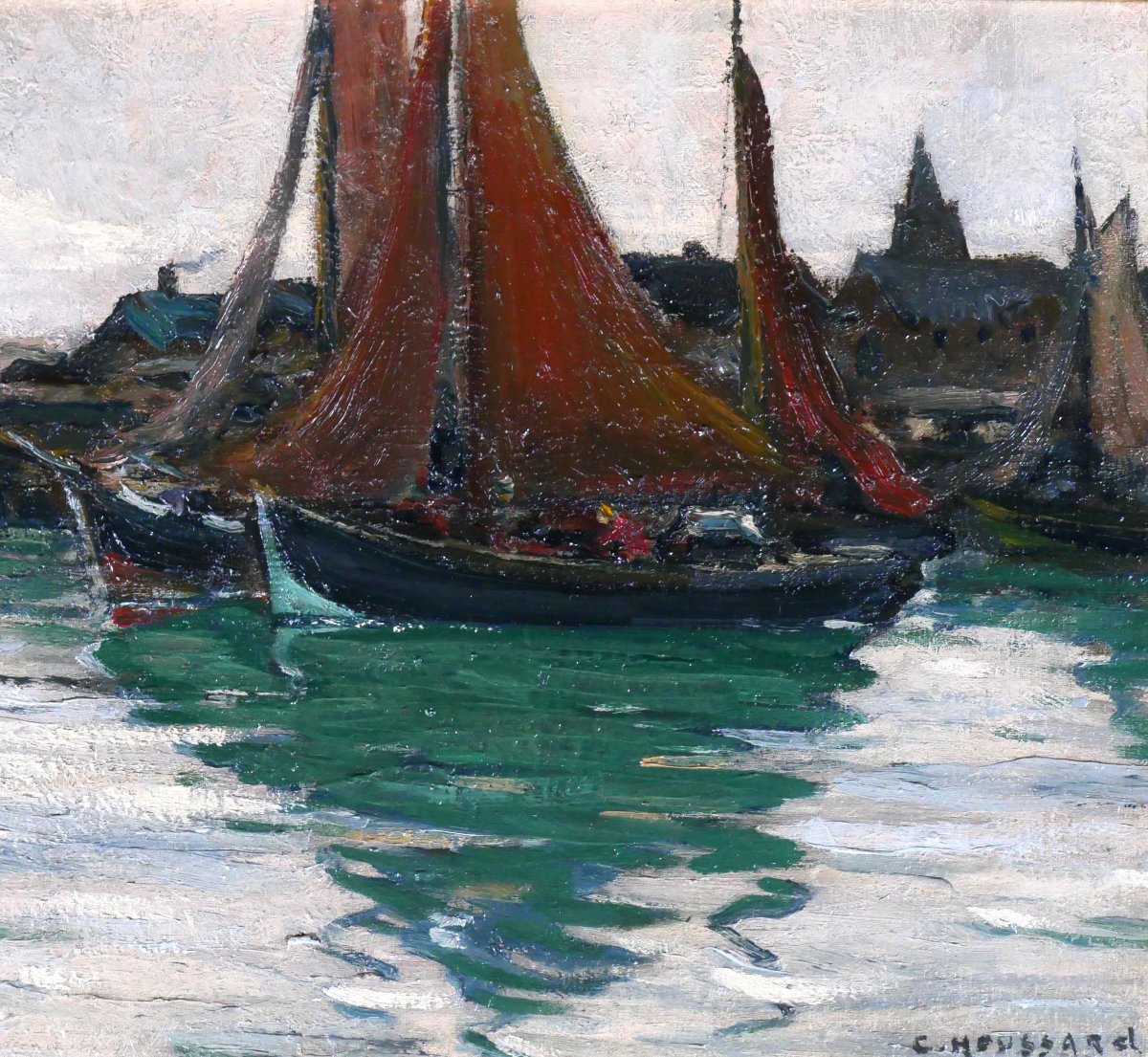 Charles Houssard 1884-1958 Brittany, Boats In Port, Painting Sea Landscape Belgium-photo-2