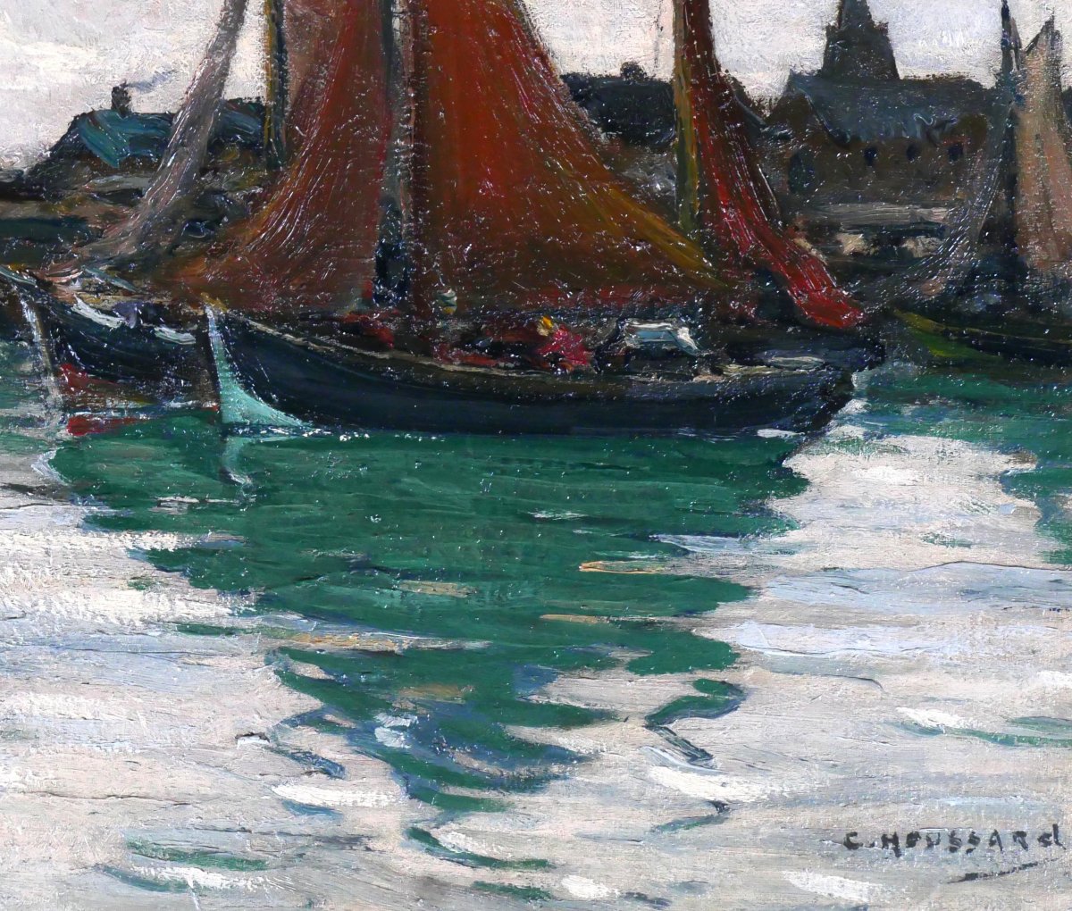 Charles Houssard 1884-1958 Brittany, Boats In Port, Painting Sea Landscape Belgium-photo-3
