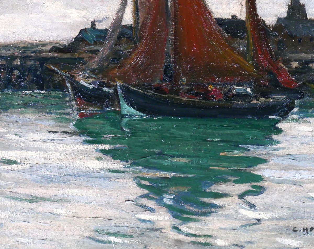 Charles Houssard 1884-1958 Brittany, Boats In Port, Painting Sea Landscape Belgium-photo-4