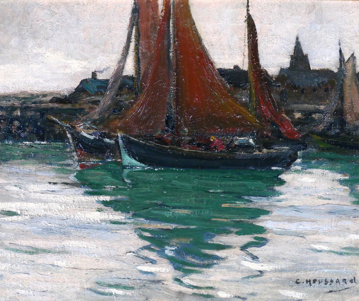 Charles Houssard 1884-1958 Brittany, Boats In Port, Painting Sea Landscape Belgium