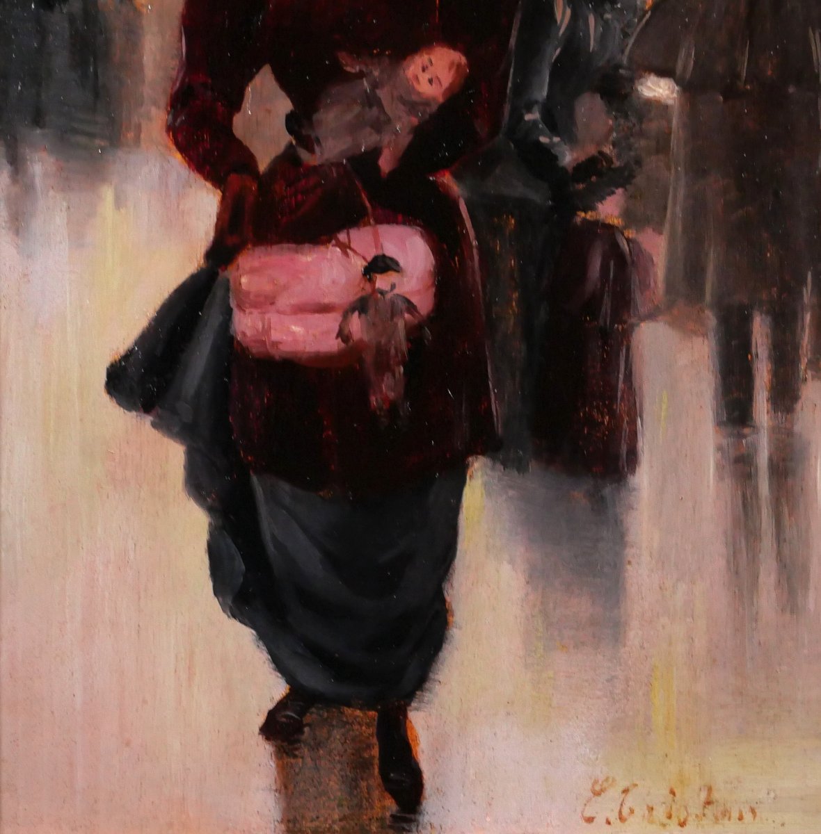 French School Circa 1900, Woman With A Doll Leaving A Store, Painting Signed Impressionism-photo-4
