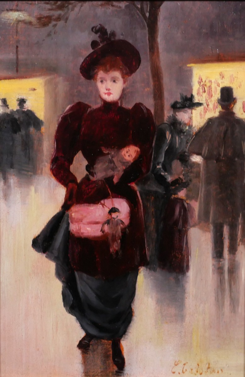 French School Circa 1900, Woman With A Doll Leaving A Store, Painting Signed Impressionism