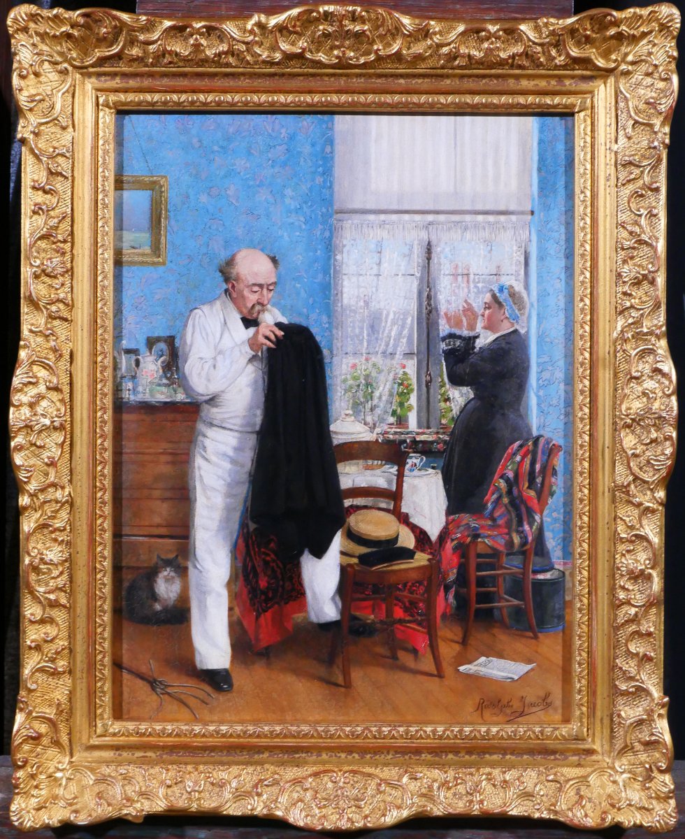 Rodolphe Jacobs 19th, Couple à l'Intérieur Bleu, Painting, Circa 1890, Belgian Impressionism-photo-2