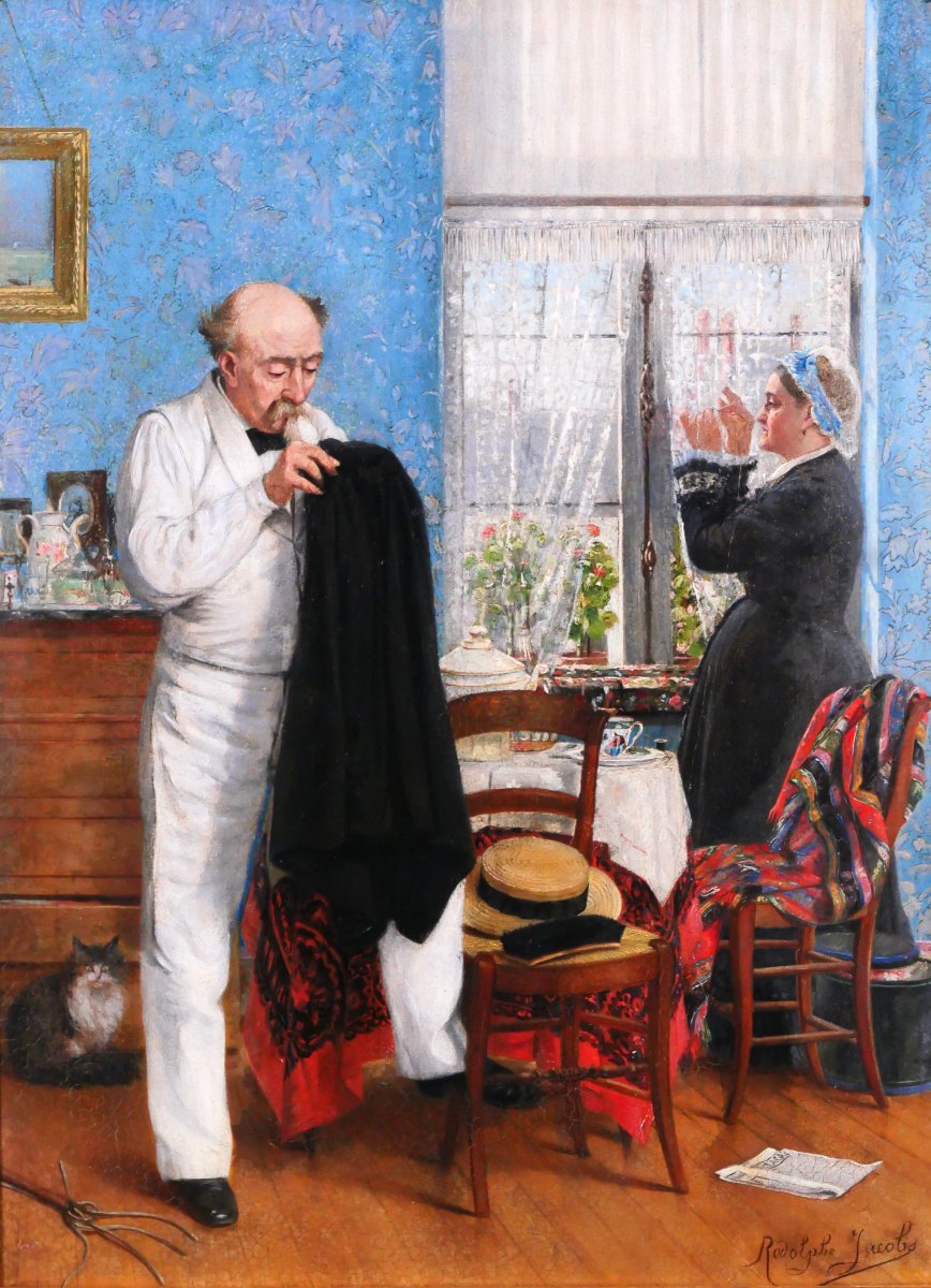 Rodolphe Jacobs 19th, Couple à l'Intérieur Bleu, Painting, Circa 1890, Belgian Impressionism-photo-4