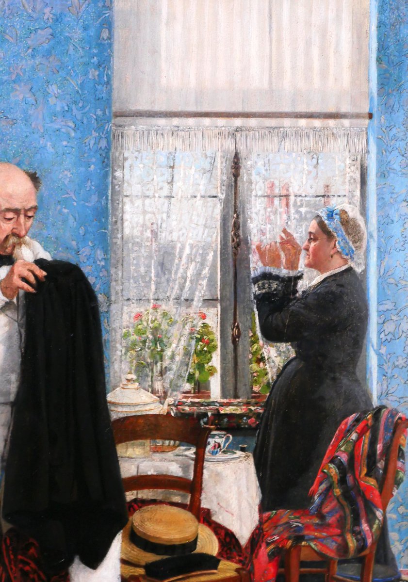 Rodolphe Jacobs 19th, Couple à l'Intérieur Bleu, Painting, Circa 1890, Belgian Impressionism-photo-2