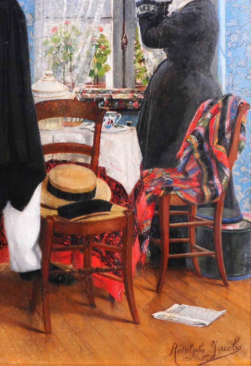 Rodolphe Jacobs 19th, Couple à l'Intérieur Bleu, Painting, Circa 1890, Belgian Impressionism-photo-3