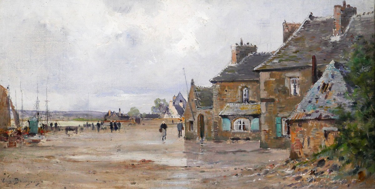 Eugène BOURGEOIS 1855-1909 Bretagne, paysage au port, tableau, vers 1890 impressionnisme