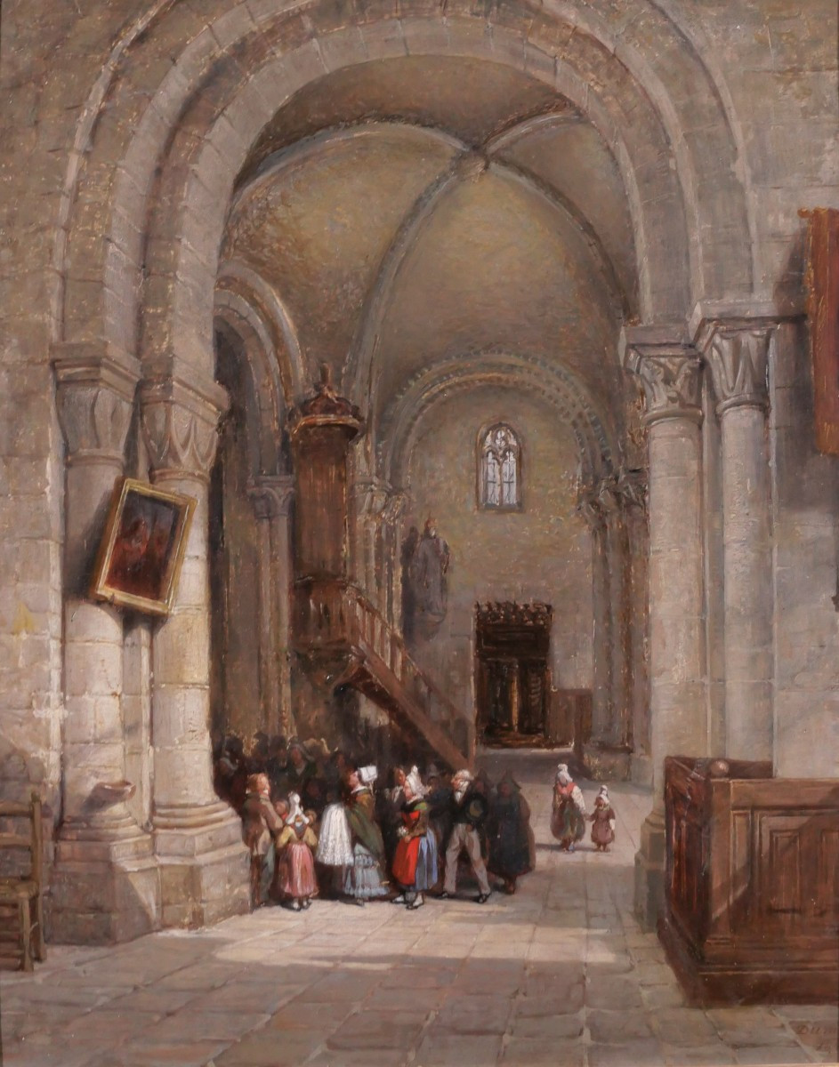 Edme Dumée 1792-1861 Rouen, Church Interior, Painting 1849 Romanticism Normandy