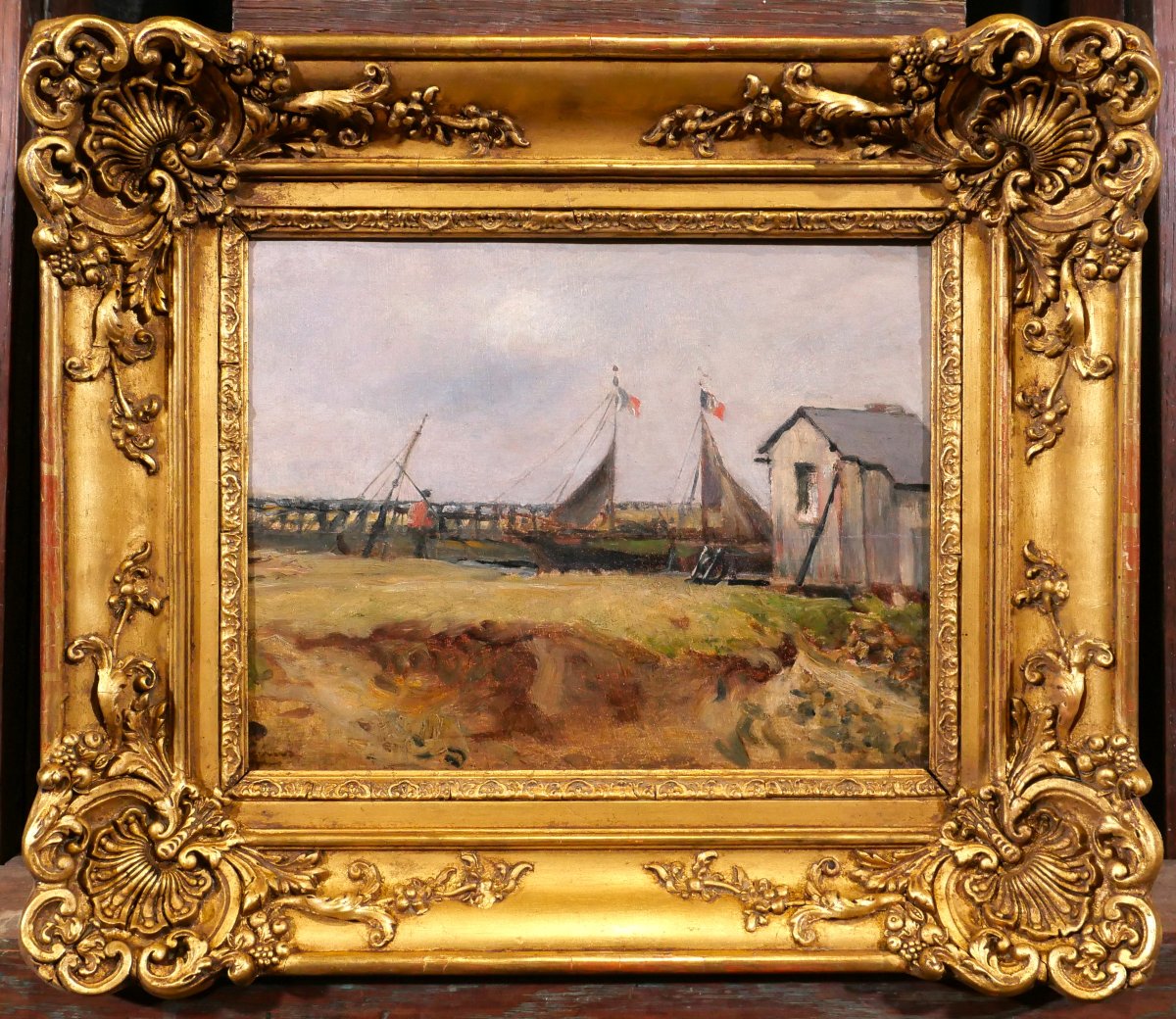 Charles PECRUS 1826-1907 Trouville, bateaux sur la Touques, tableau impressionnisme Normandie-photo-2