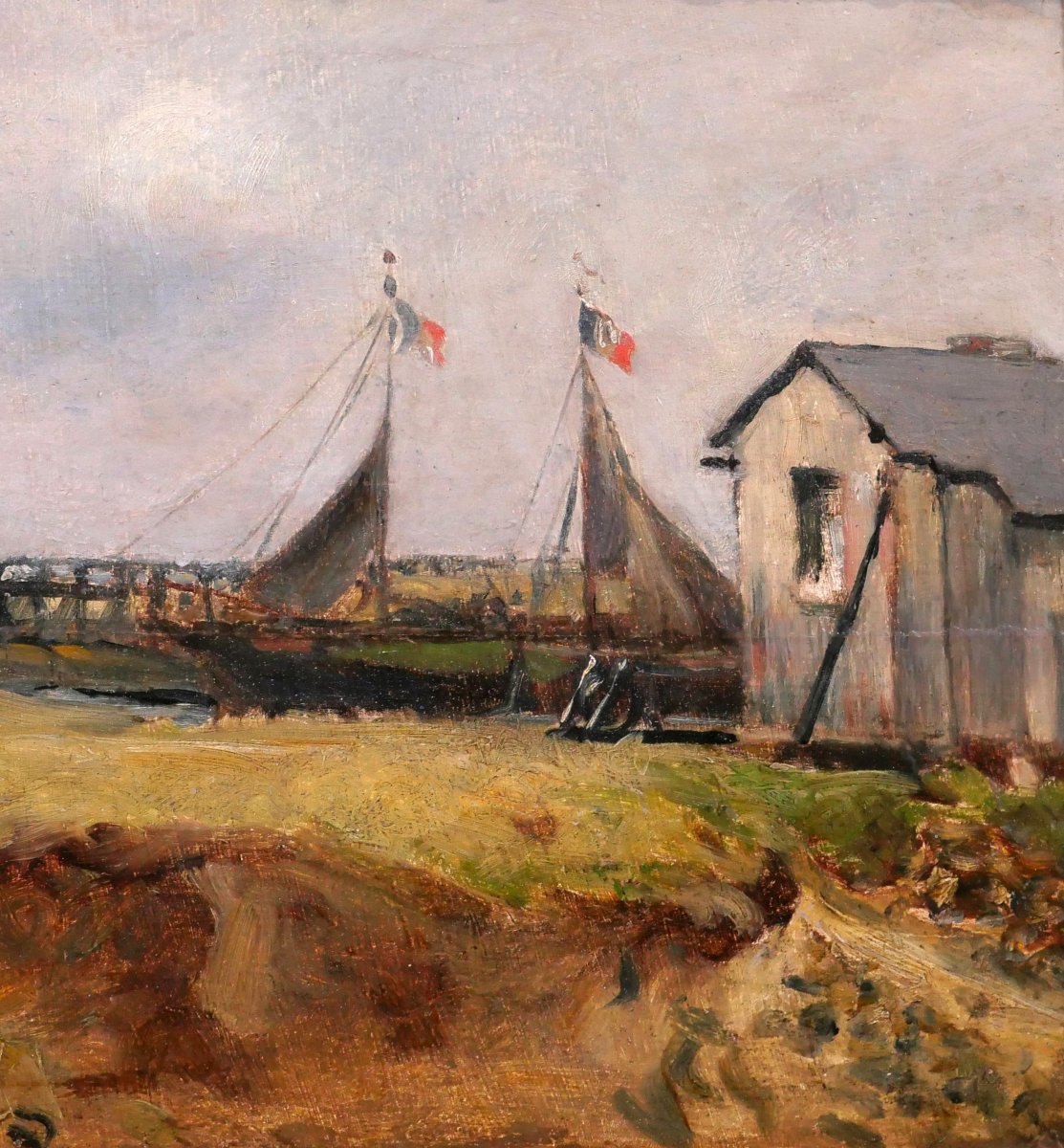 Charles PECRUS 1826-1907 Trouville, bateaux sur la Touques, tableau impressionnisme Normandie-photo-4