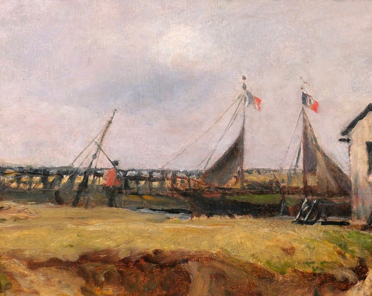 Charles PECRUS 1826-1907 Trouville, bateaux sur la Touques, tableau impressionnisme Normandie-photo-1