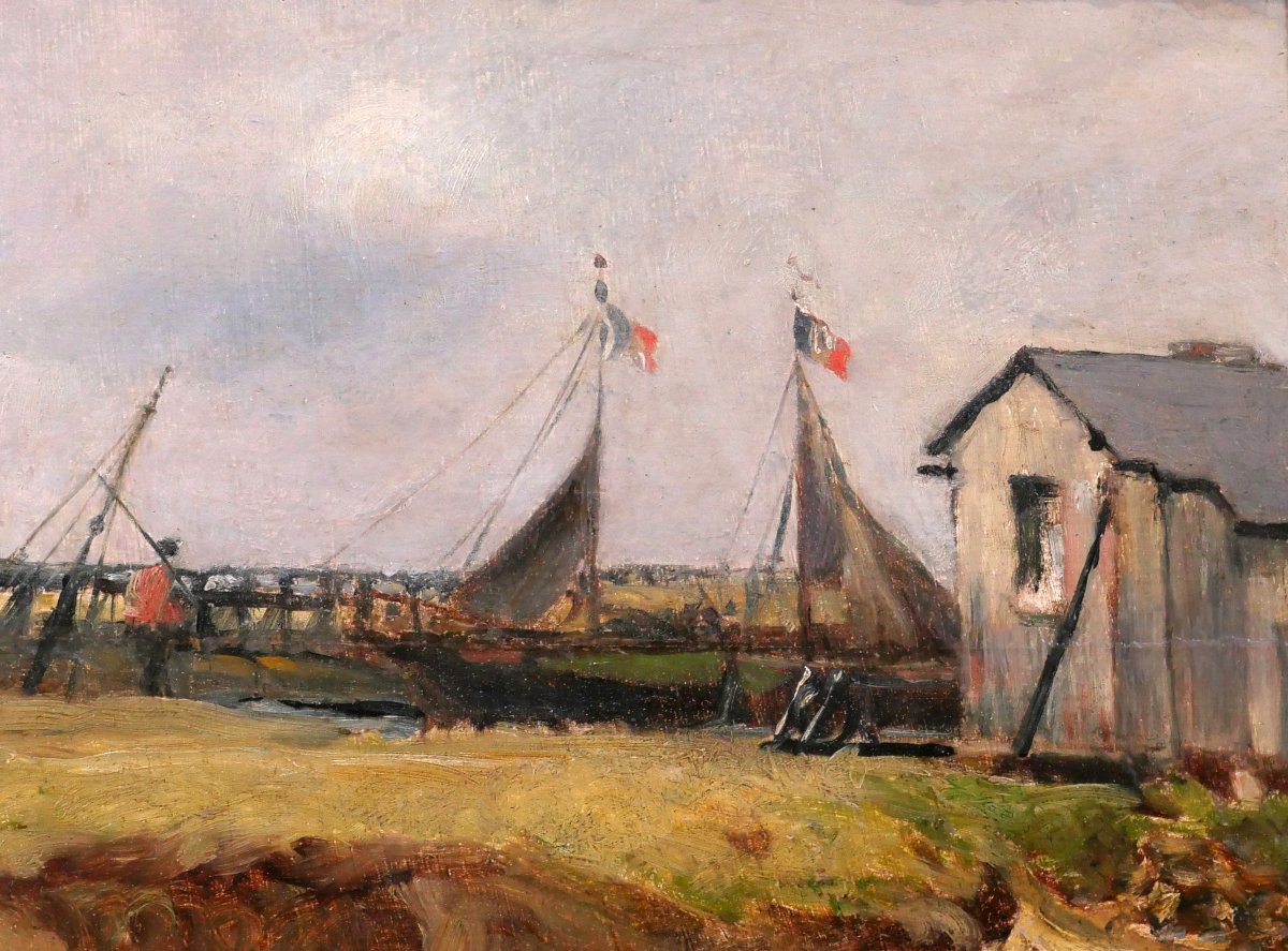 Charles PECRUS 1826-1907 Trouville, bateaux sur la Touques, tableau impressionnisme Normandie-photo-2