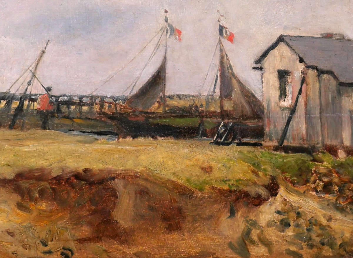 Charles PECRUS 1826-1907 Trouville, bateaux sur la Touques, tableau impressionnisme Normandie-photo-3