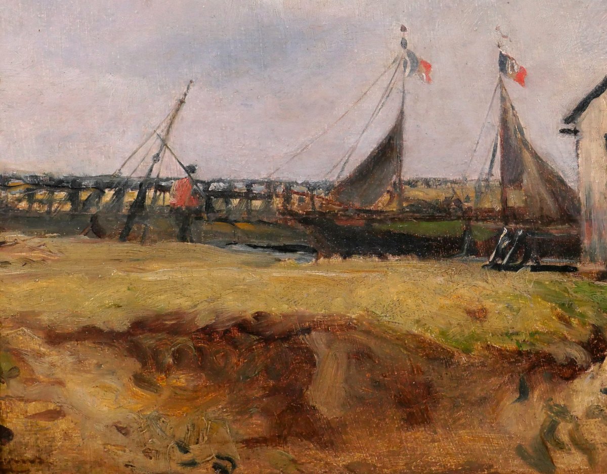 Charles PECRUS 1826-1907 Trouville, bateaux sur la Touques, tableau impressionnisme Normandie-photo-4