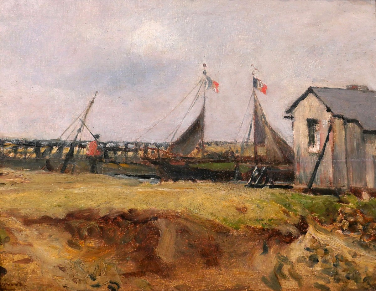 Charles PECRUS 1826-1907 Trouville, bateaux sur la Touques, tableau impressionnisme Normandie