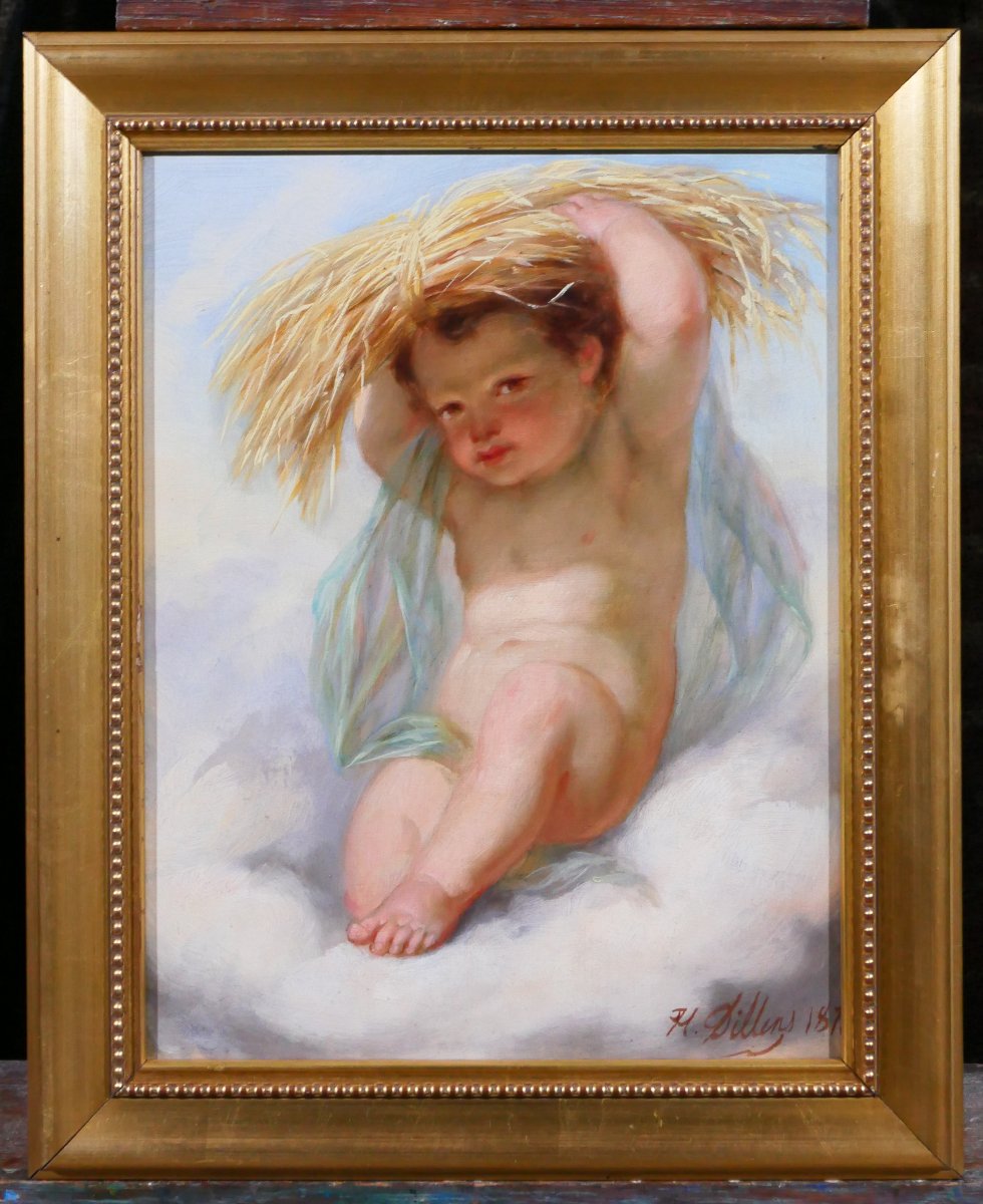 Henri Joseph DILLENS 1812-1872 Allégorie de l'été en enfant, tableau, 1870 saison Belgique-photo-2
