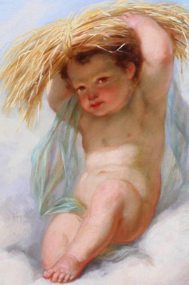 Henri Joseph DILLENS 1812-1872 Allégorie de l'été en enfant, tableau, 1870 saison Belgique-photo-1
