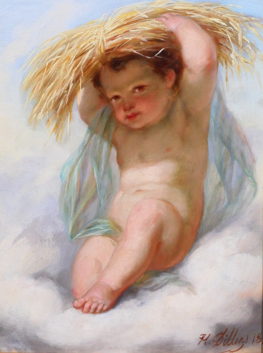 Henri Joseph DILLENS 1812-1872 Allégorie de l'été en enfant, tableau, 1870 saison Belgique