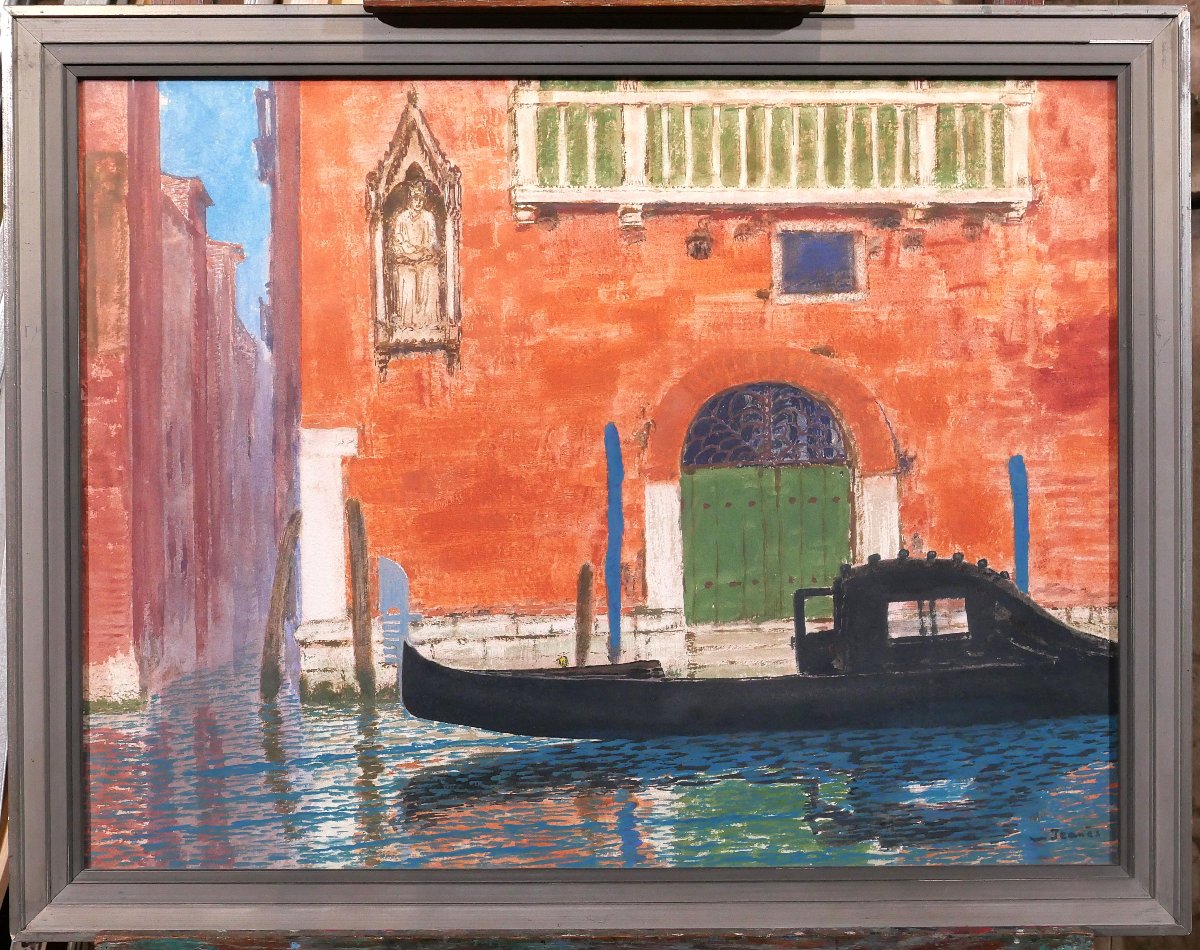 Sigismond JEANES 1863-1952 Venise, paysage à la gondole, tableau, gouache et encre vers 1920-30-photo-2