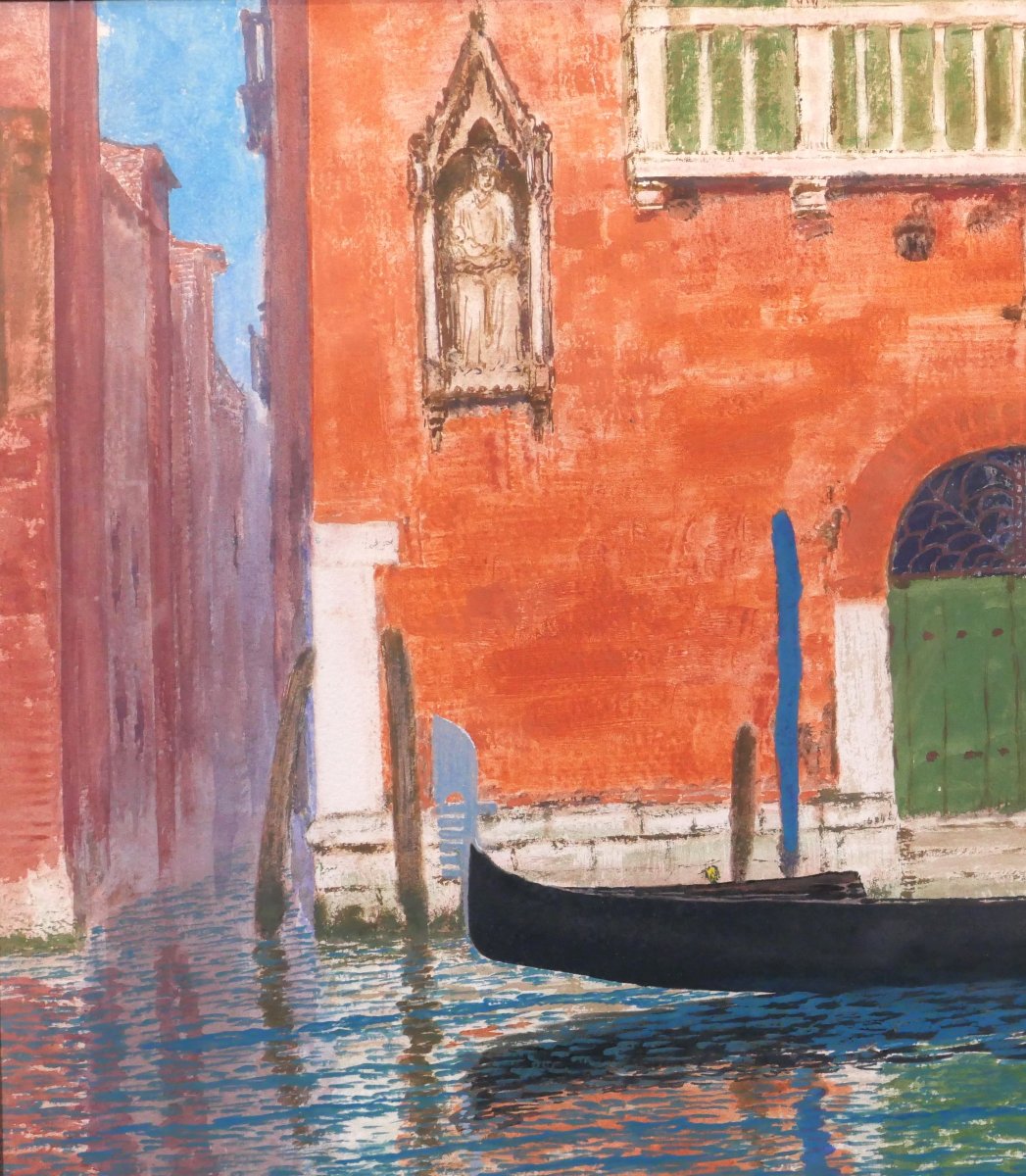 Sigismond JEANES 1863-1952 Venise, paysage à la gondole, tableau, gouache et encre vers 1920-30-photo-3