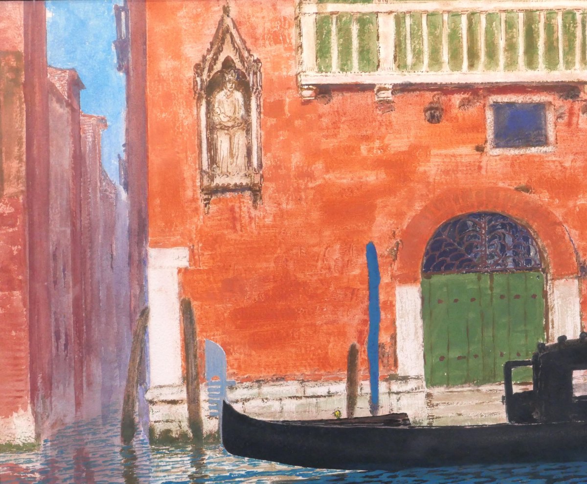 Sigismond JEANES 1863-1952 Venise, paysage à la gondole, tableau, gouache et encre vers 1920-30-photo-1