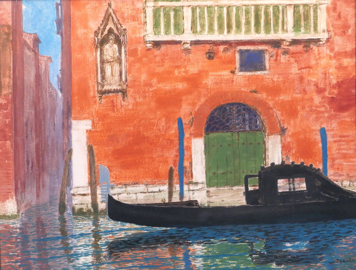 Sigismond JEANES 1863-1952 Venise, paysage à la gondole, tableau, gouache et encre vers 1920-30