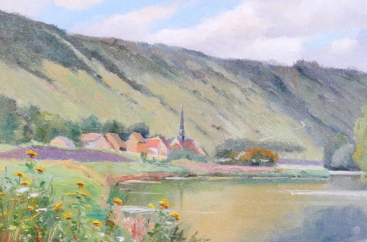 Ernest Couronneau, Jeufosse, paysage aux fleurs, tableau 1890-1900 impressionnisme Seine-photo-1