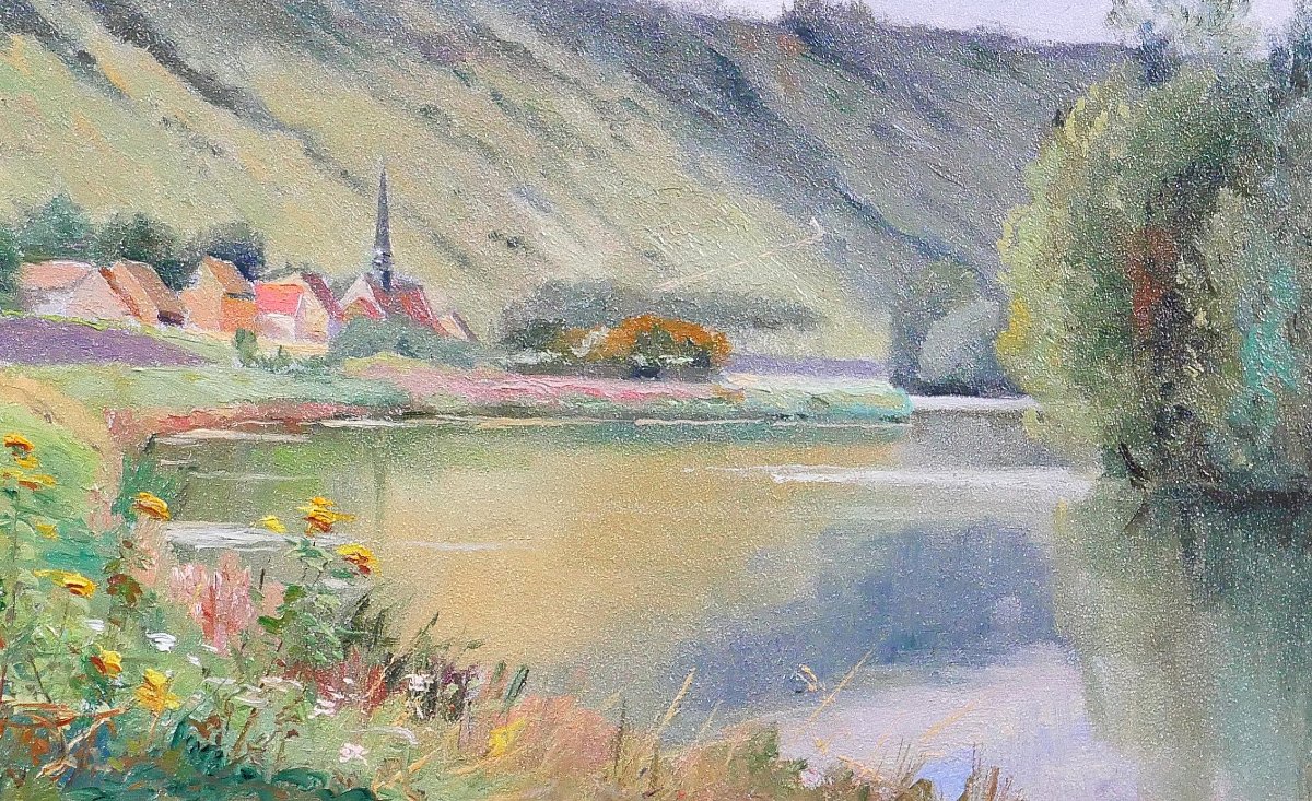 Ernest Couronneau, Jeufosse, paysage aux fleurs, tableau 1890-1900 impressionnisme Seine-photo-3