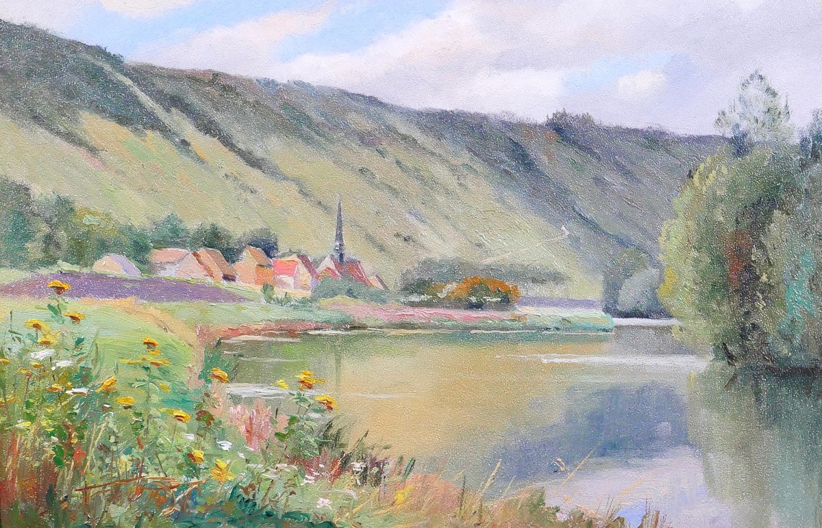Ernest Couronneau, Jeufosse, paysage aux fleurs, tableau 1890-1900 impressionnisme Seine