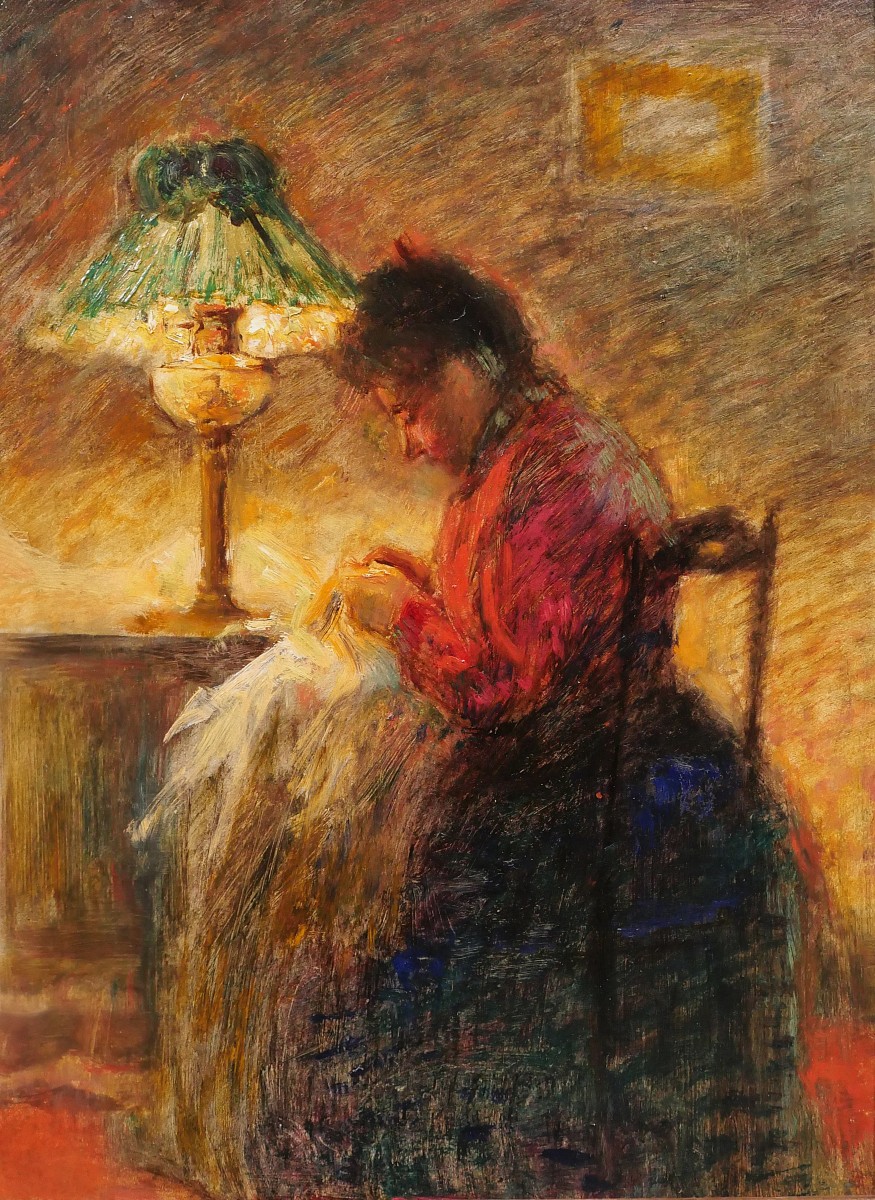 Ecole Française vers 1900 Femme à la couture, tableau, intérieur impressionnisme﻿