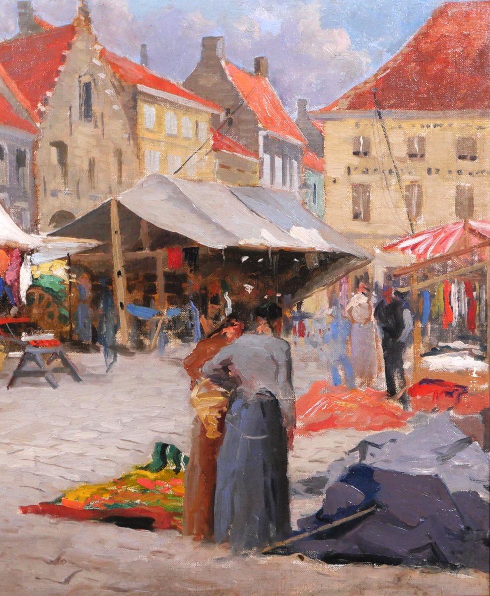 Jules CRAN 1876 -1926 Jour de marché à Nieuport, Belgique, tableau, 1906 impressionnisme﻿-photo-4
