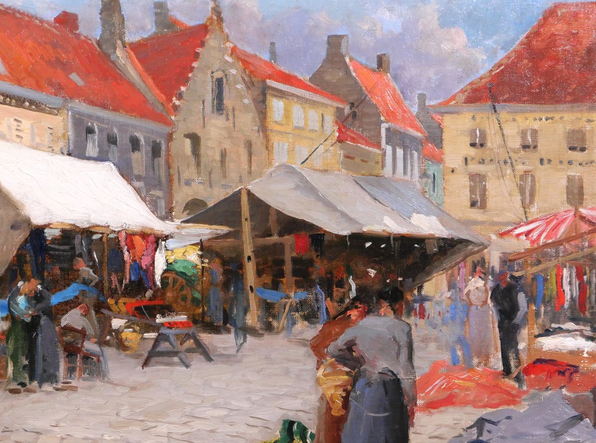 Jules CRAN 1876 -1926 Jour de marché à Nieuport, Belgique, tableau, 1906 impressionnisme﻿-photo-2