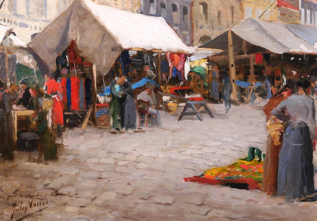 Jules CRAN 1876 -1926 Jour de marché à Nieuport, Belgique, tableau, 1906 impressionnisme﻿-photo-4