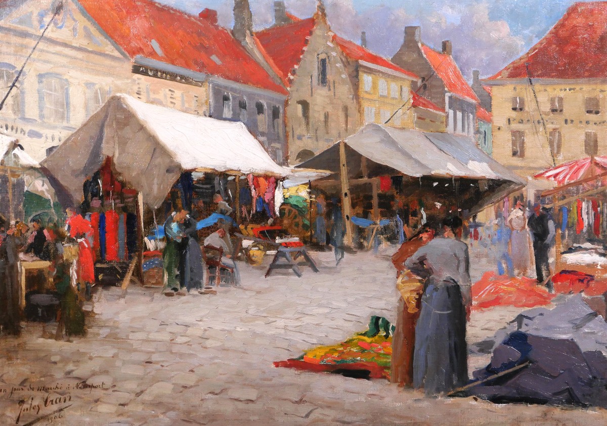 Jules CRAN 1876 -1926 Jour de marché à Nieuport, Belgique, tableau, 1906 impressionnisme﻿
