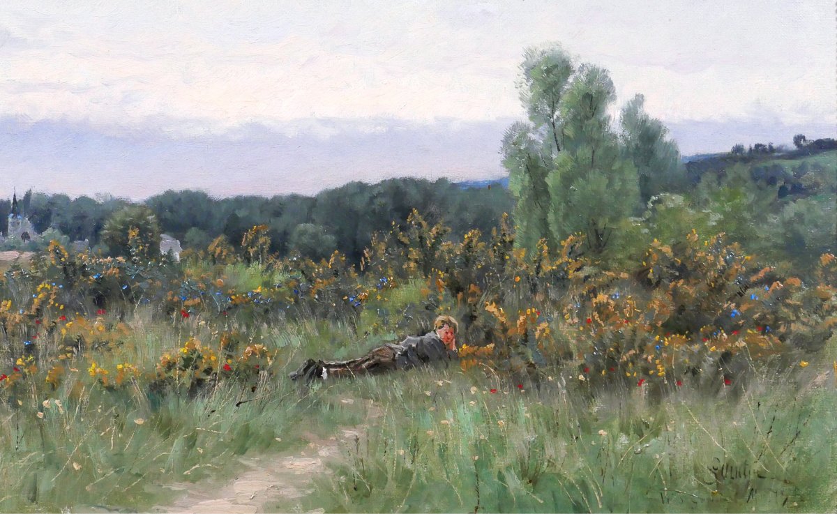 Henri Saintin 1846-1899 Val-saint-germain, Essone , Landscape With Flowers, Impressionist Painting-photo-3