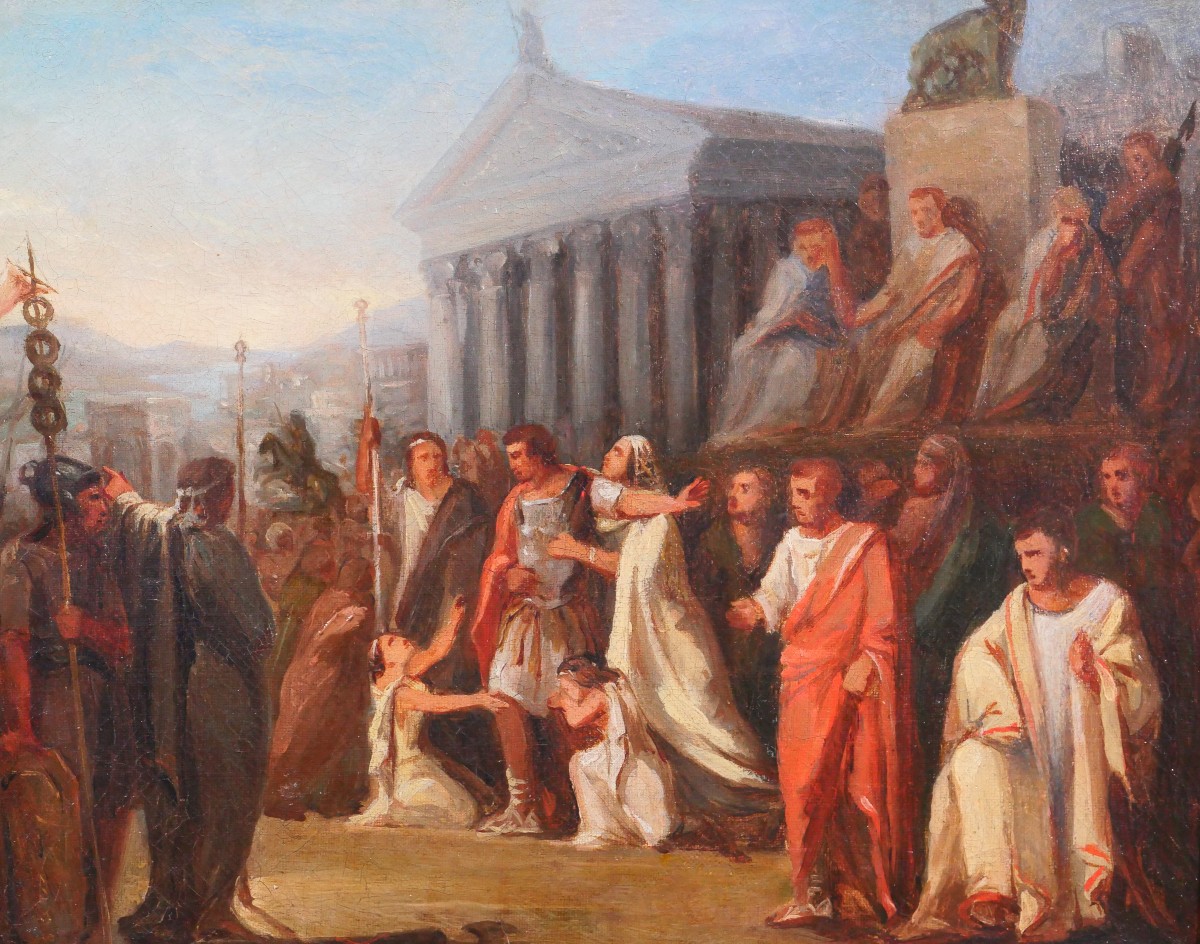 Ecole Française vers 1785-90 Coriolan part en exil, tableau néoclassique David Guérin Girodet