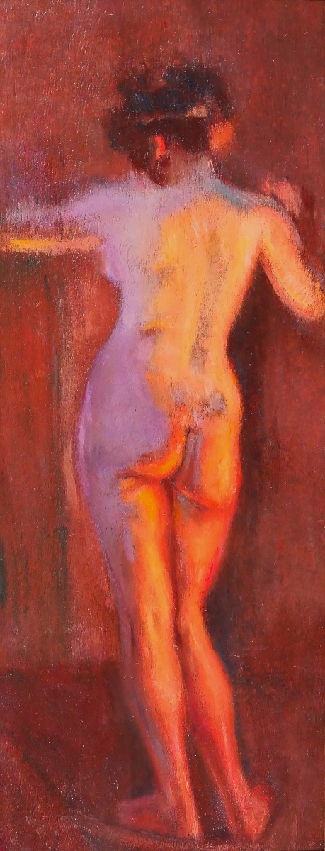Emile Tremblay 1855-1935 Femme nue, effet en mauve et orange, tableau vers 1900 impressionnisme