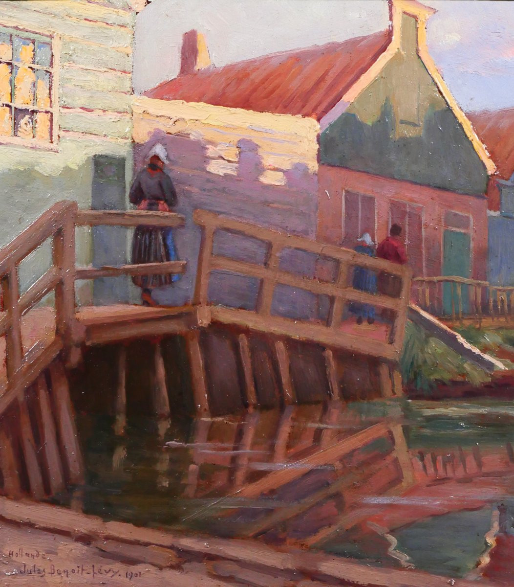 Jules Benoit-Levy 1866-1952 Pays-Bas, paysage aux maisons colorées, Volendam ? tableau 1901-photo-3