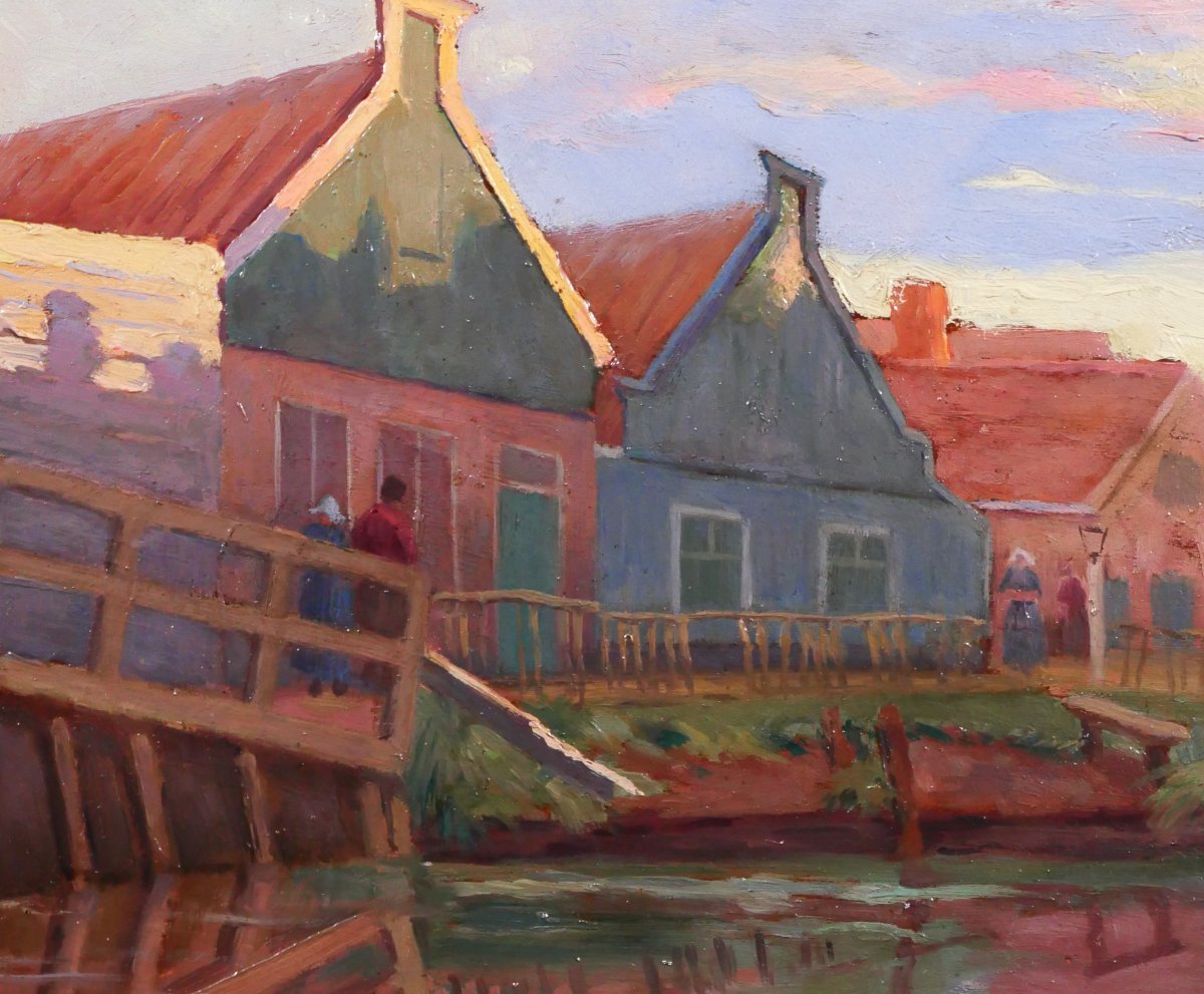Jules Benoit-Levy 1866-1952 Pays-Bas, paysage aux maisons colorées, Volendam ? tableau 1901-photo-2