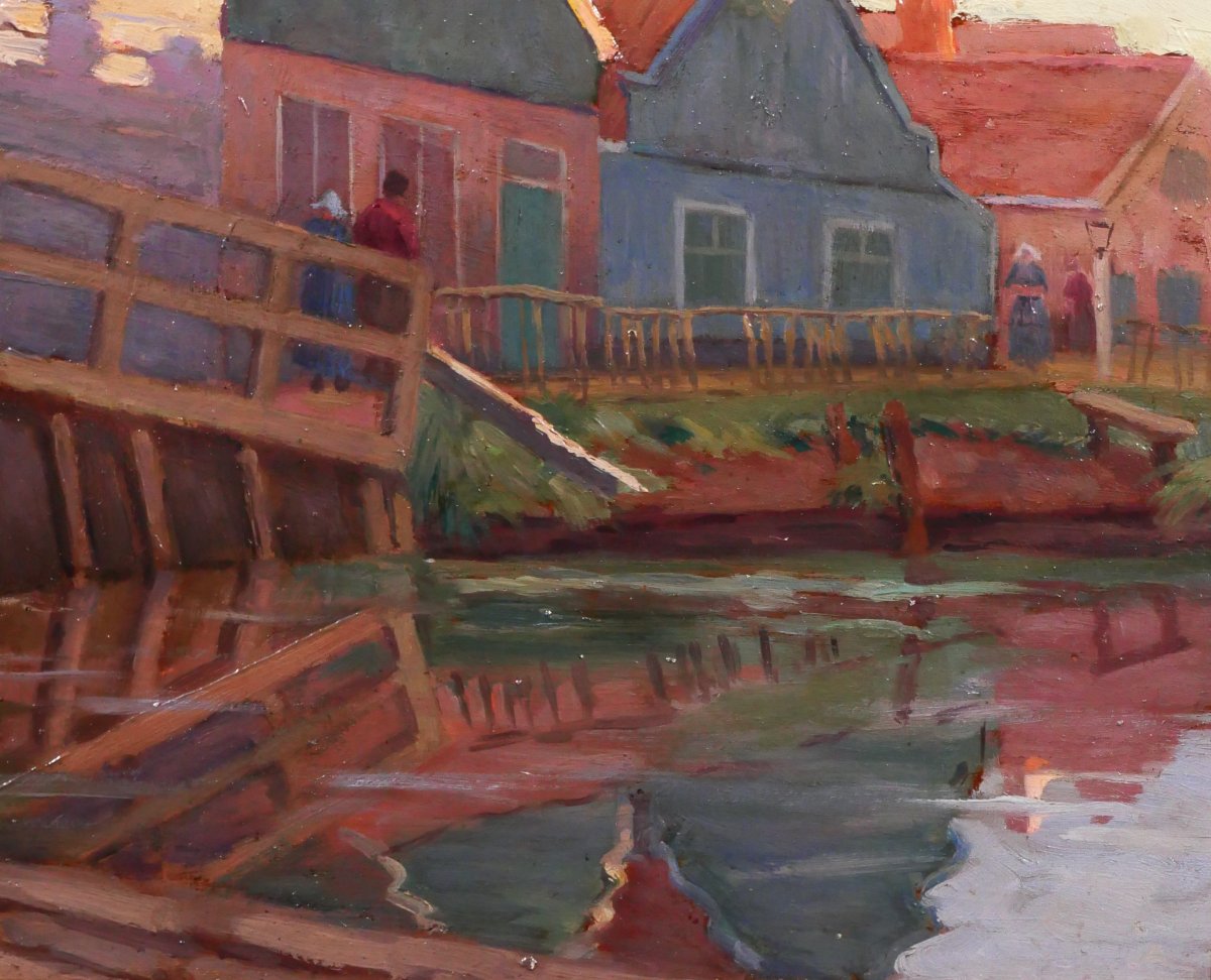 Jules Benoit-Levy 1866-1952 Pays-Bas, paysage aux maisons colorées, Volendam ? tableau 1901-photo-3